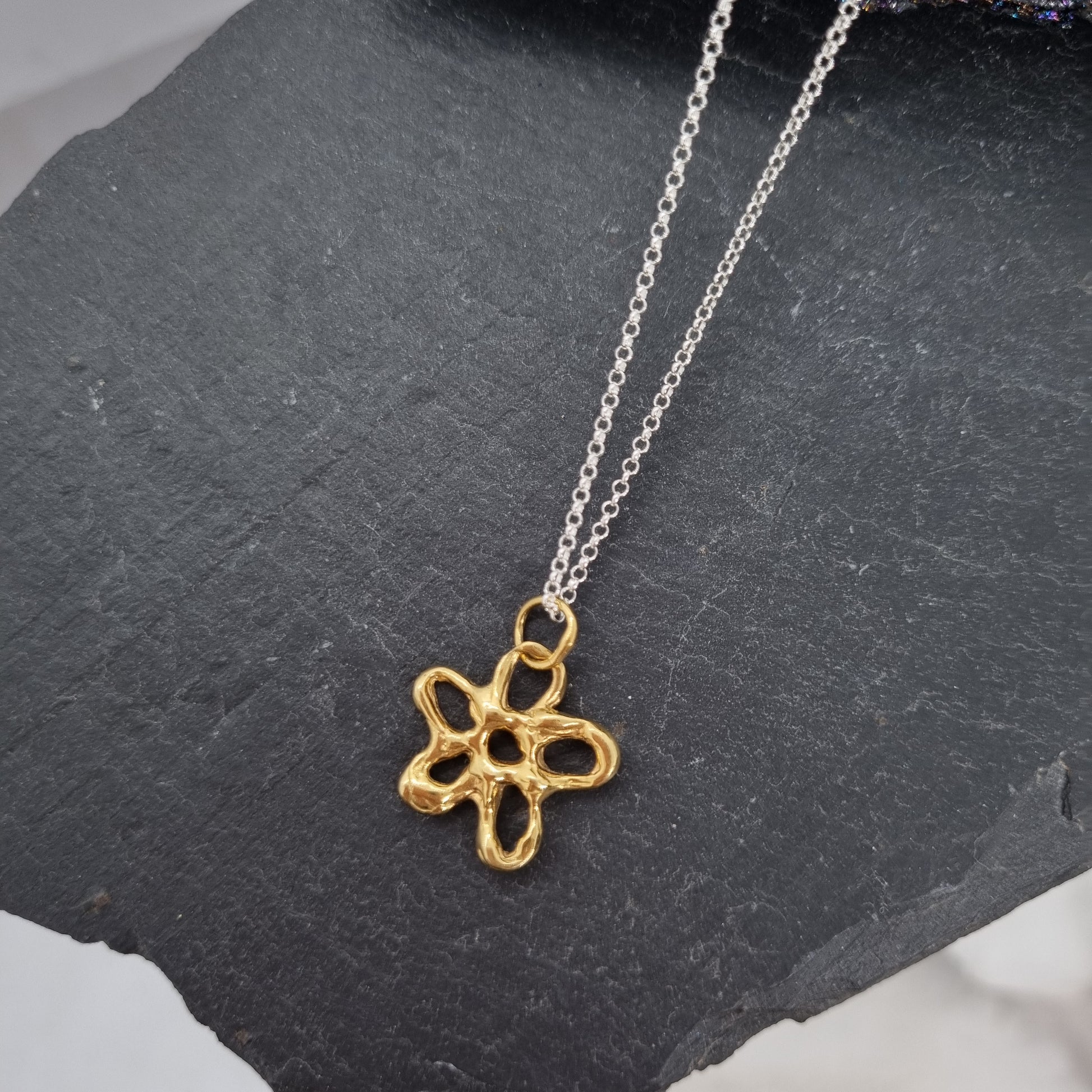 gold flower and sterling silver chain necklace