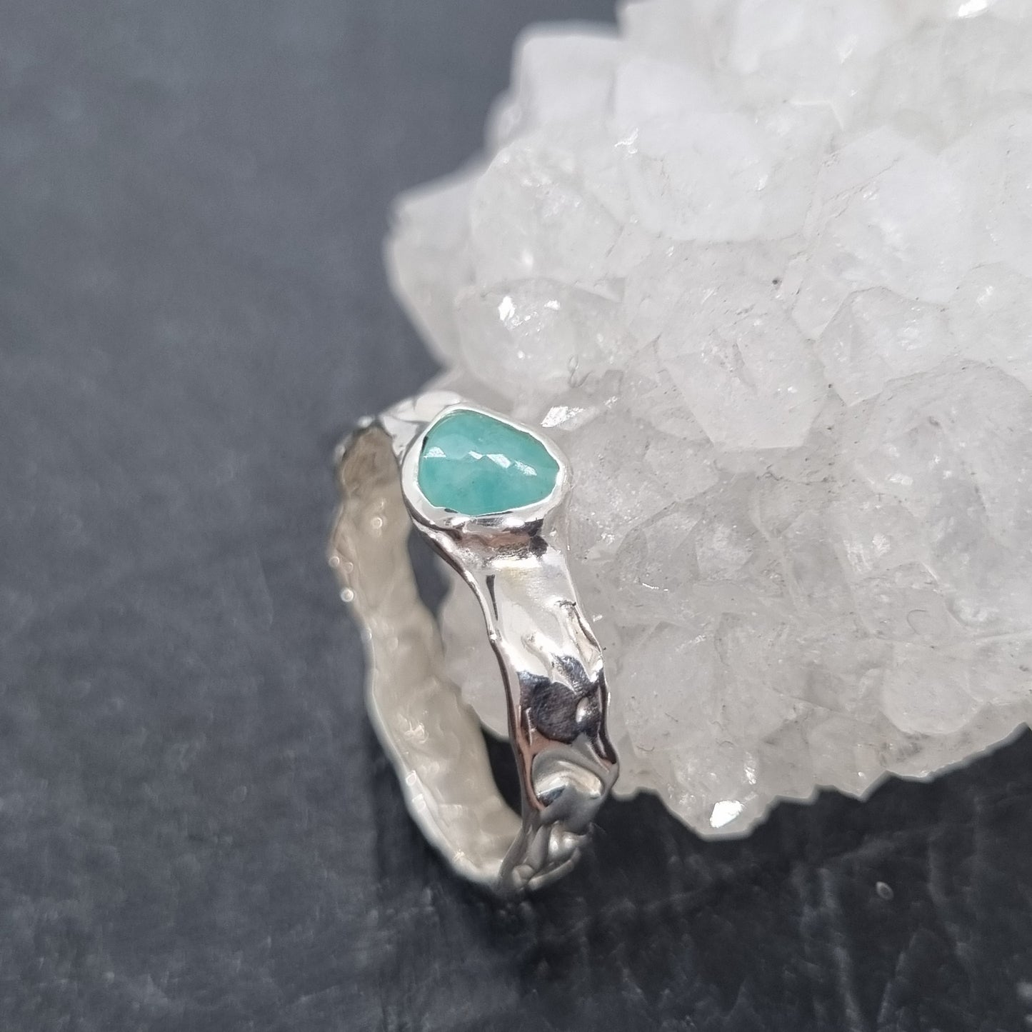 sterling silver handmade ring with a rose cut faceted freeform amazonite