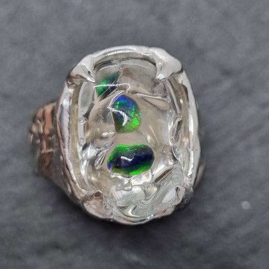 double black opal glass and sterling silver ring by Jo Cooper and SIECES GLASS