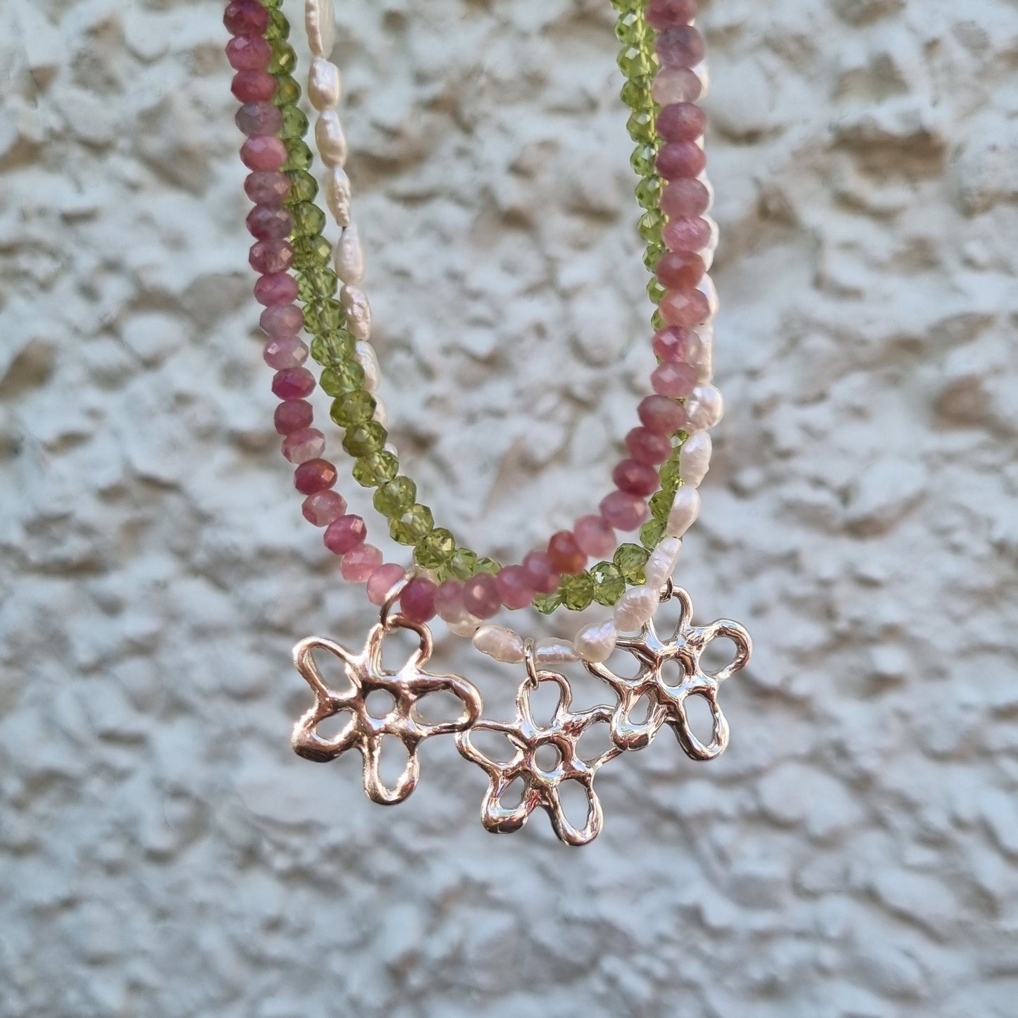 Molten Flower Pink Tourmaline Bead Necklace