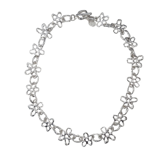 Sterling silver flower chain necklace on a white background handmade by Jo Cooper
