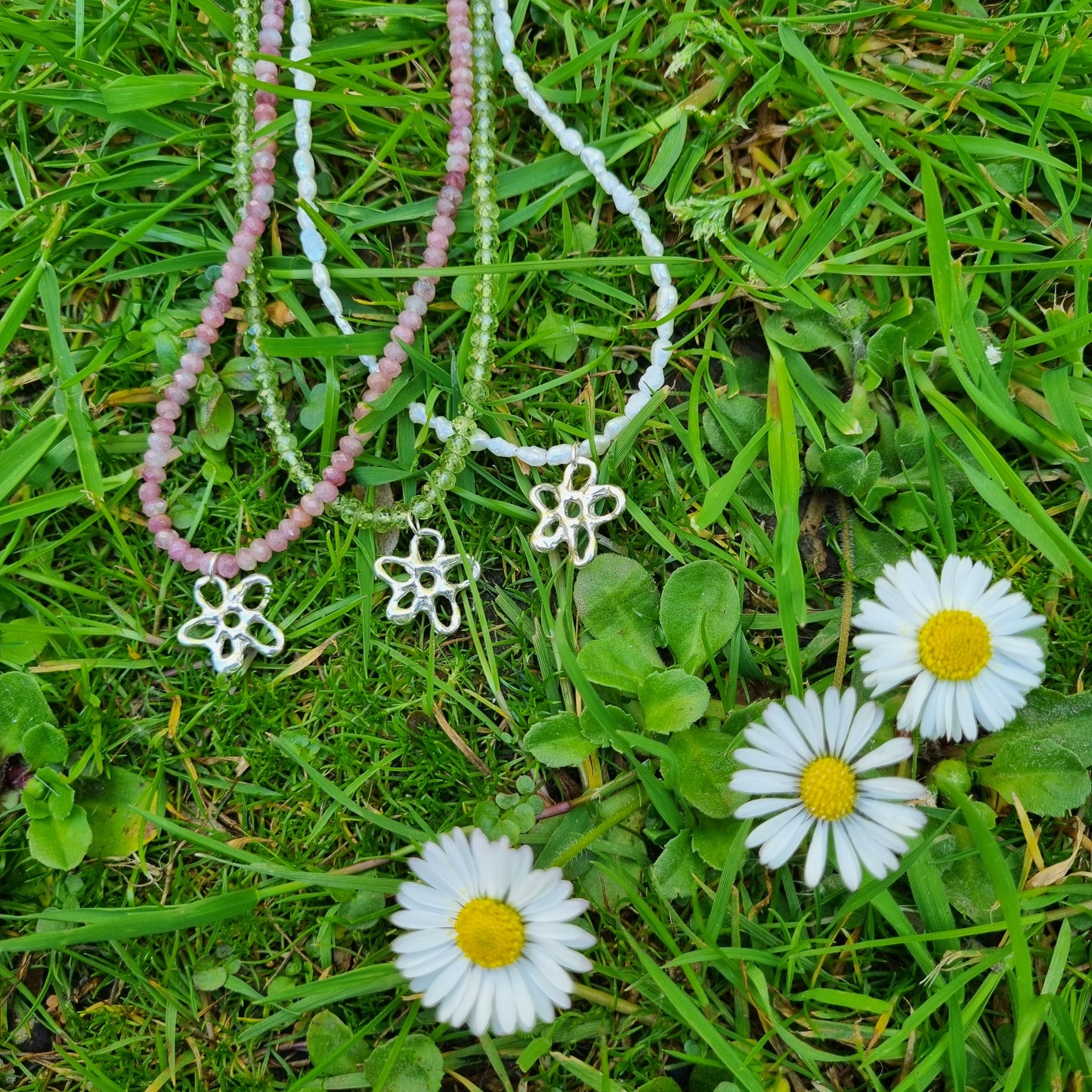 Small Molten Flower Pink Opal Bead Necklace