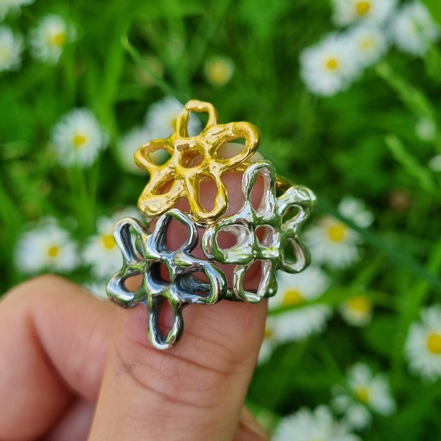 flower rings oxidised silver, polished silver and gold plated silver vermeil