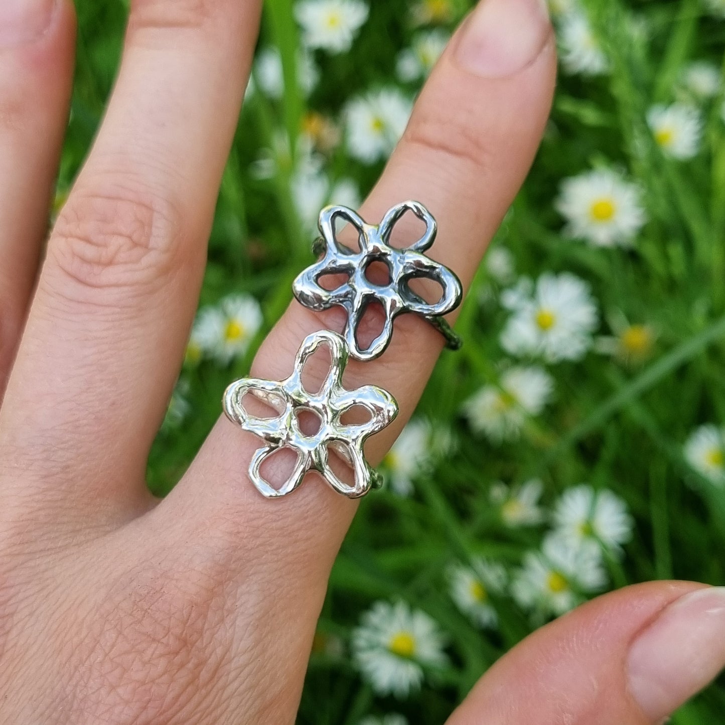 flower rings sterling silver and oxidised silver