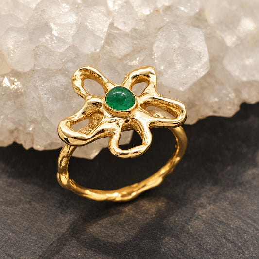 sterling silver flower ring with natural green emerald gemstone cabochon set in the center