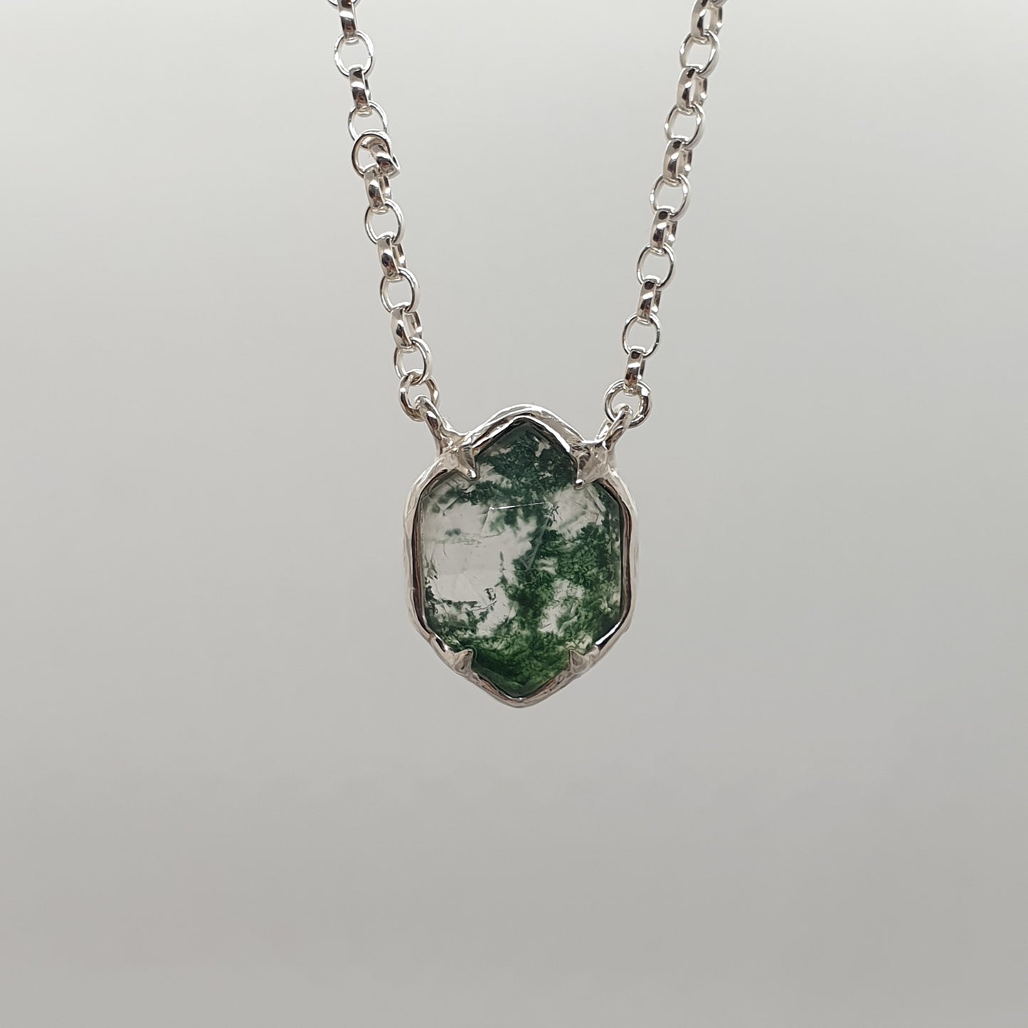 geometric moss agate sterling silver necklace handmade in the UK