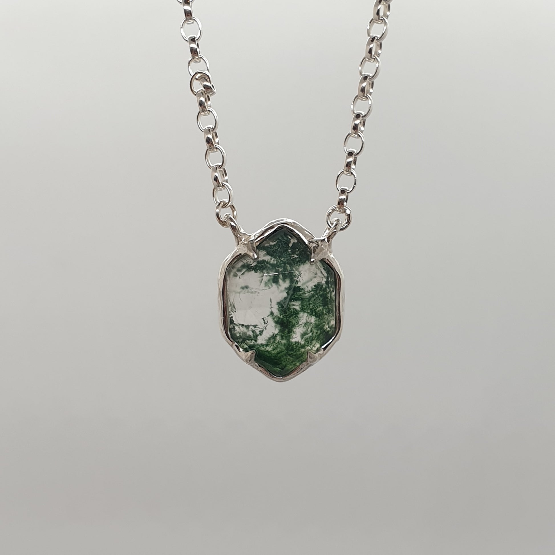 geometric moss agate sterling silver necklace handmade in the UK