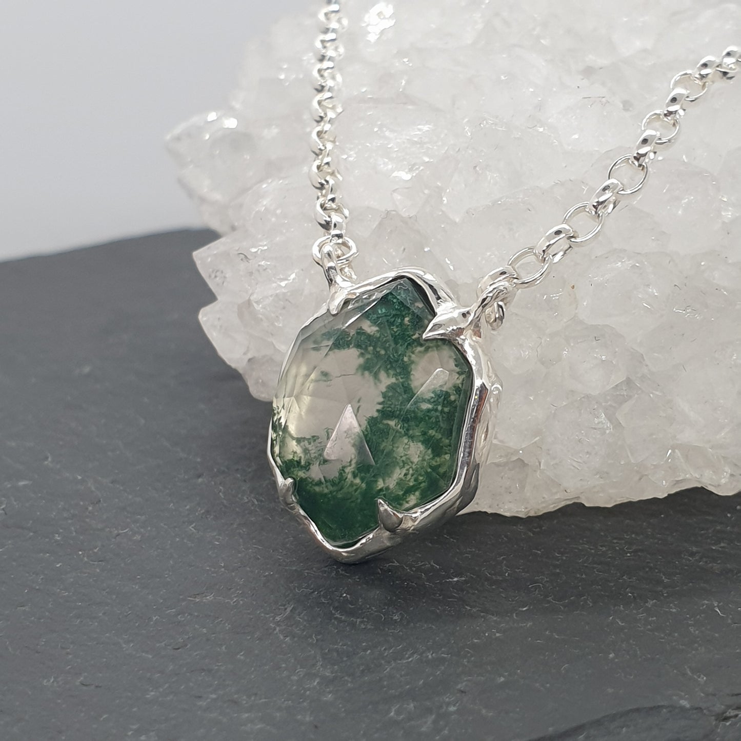 hexagon rose cut moss agate sterling silver necklace
