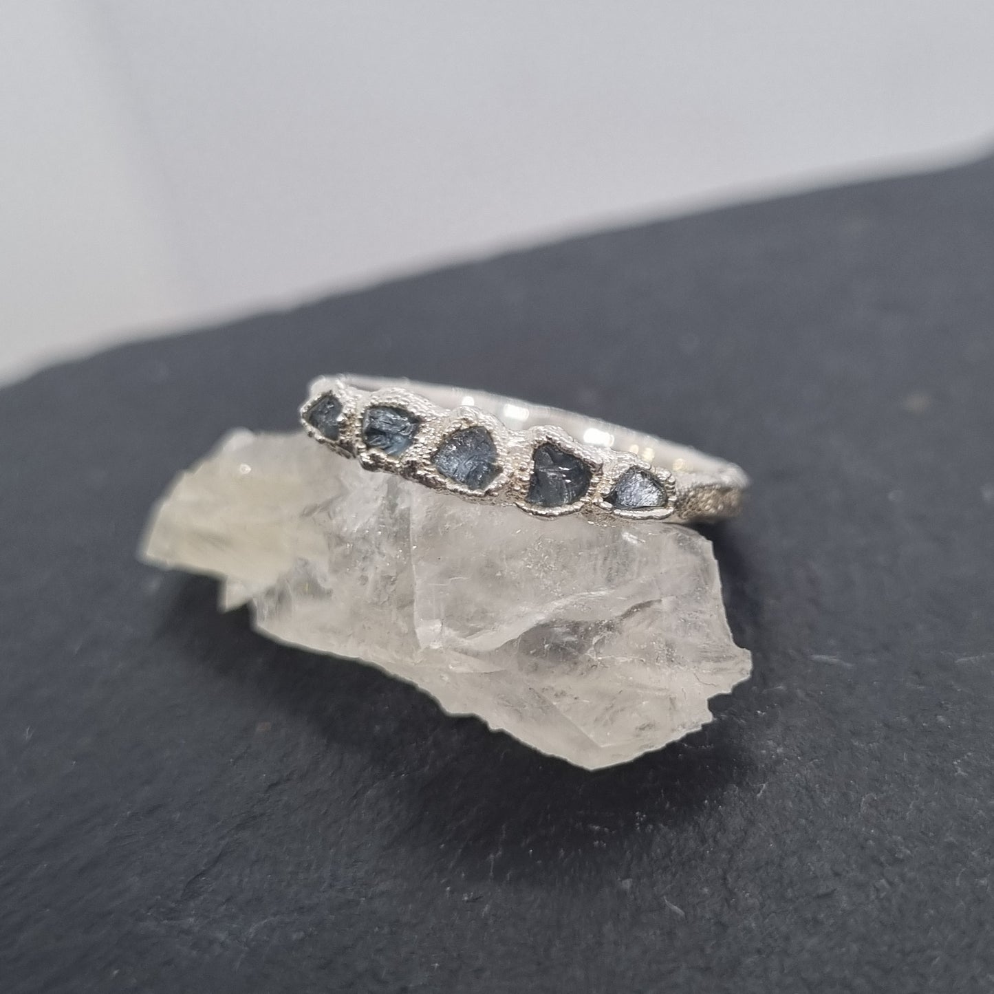 five rough natural aquamarines set in textured electroformed silver ring handmade by Jo Cooper Jewellery