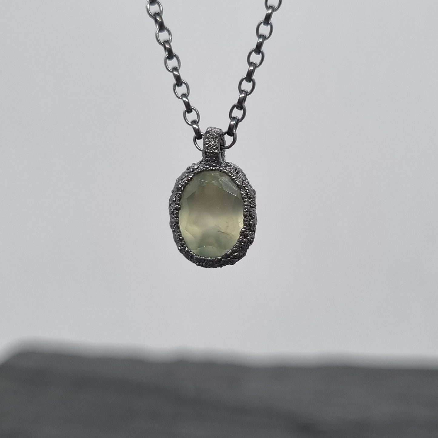 prehnite pebble necklace oxidised sterling silver handmade by Jo Cooper Jewellery