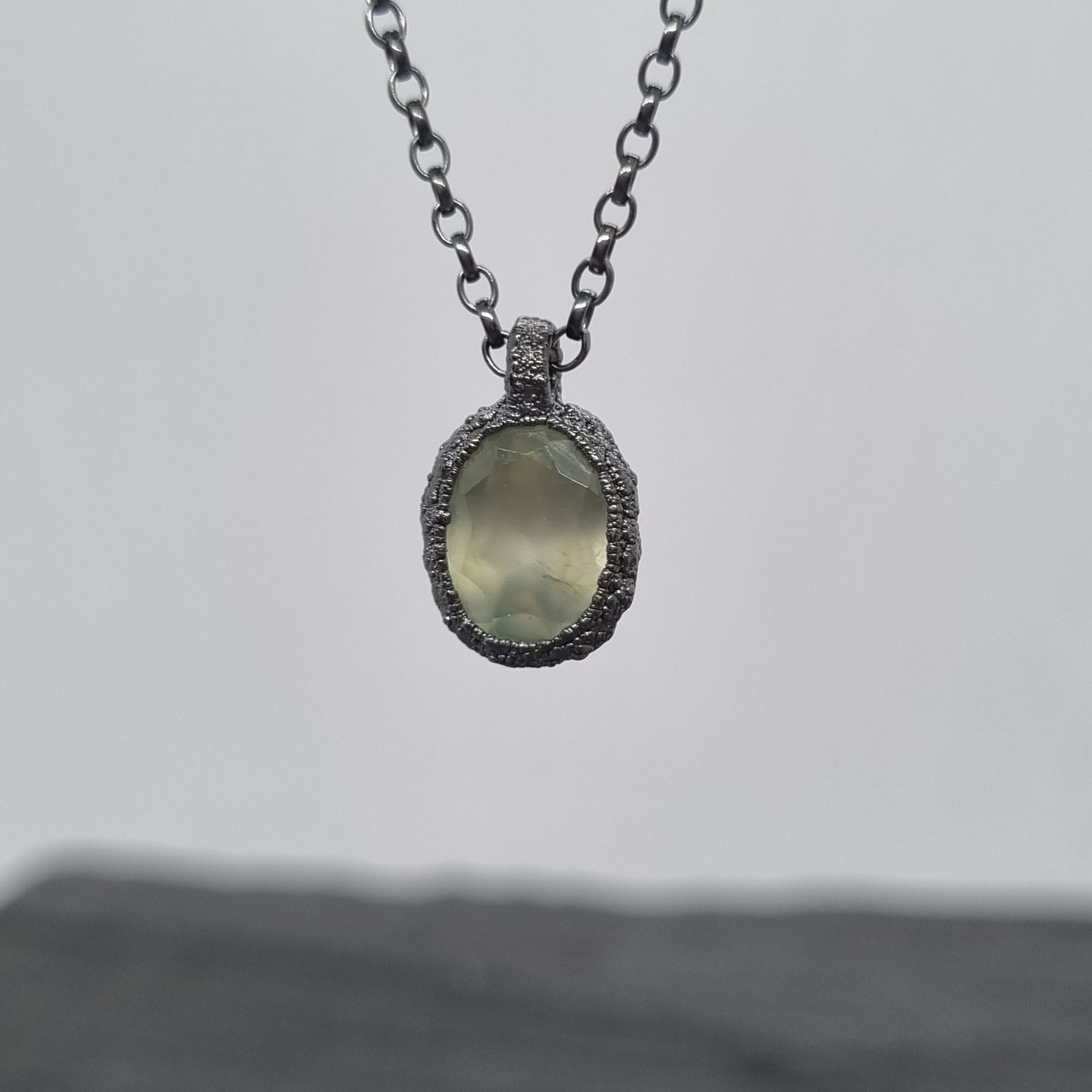 prehnite pebble necklace oxidised sterling silver handmade by Jo Cooper Jewellery