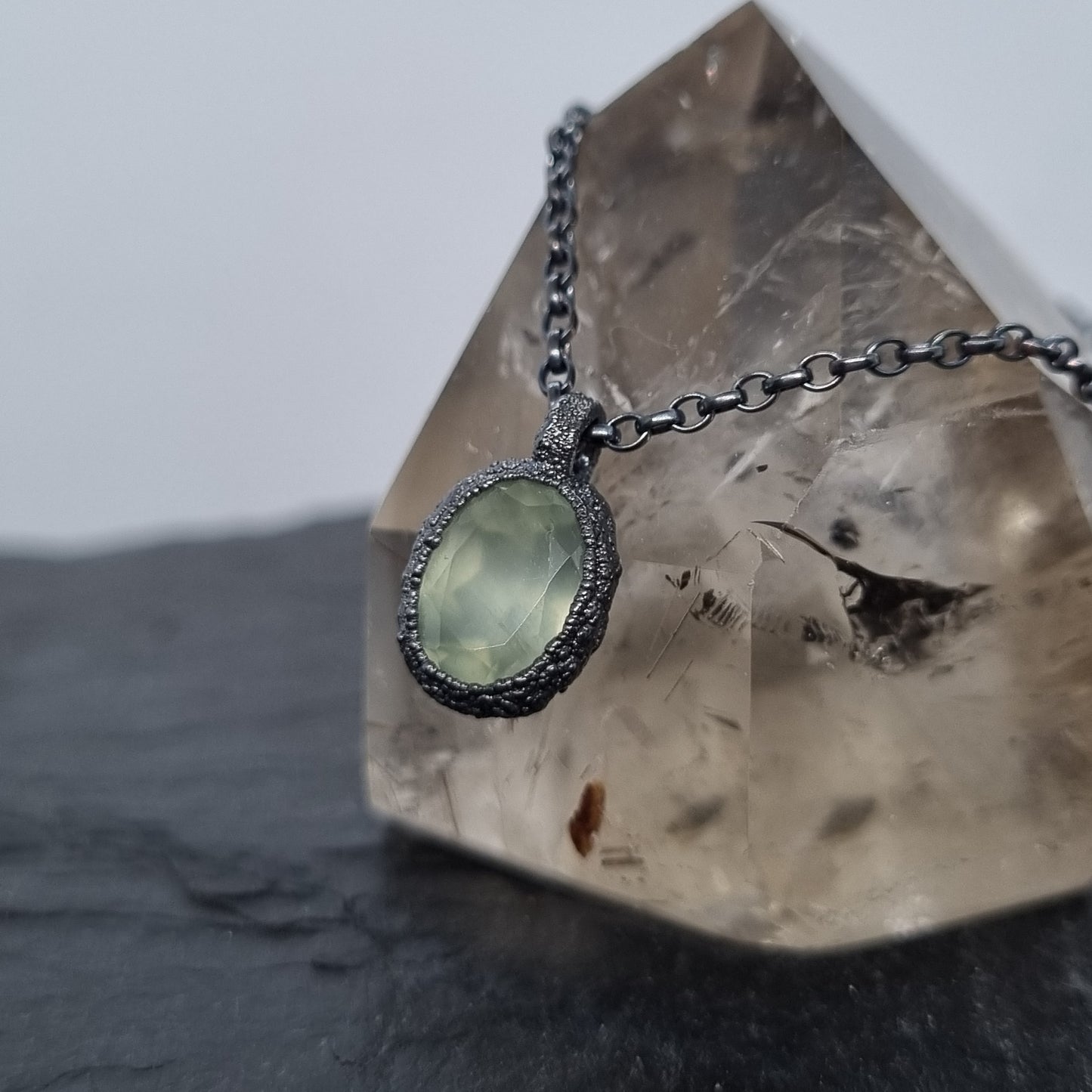 facet cut prehnite oxidised sterling silver necklace