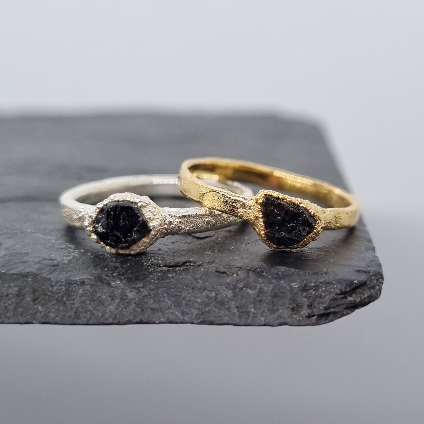raw black tourmaline silver and gold rings