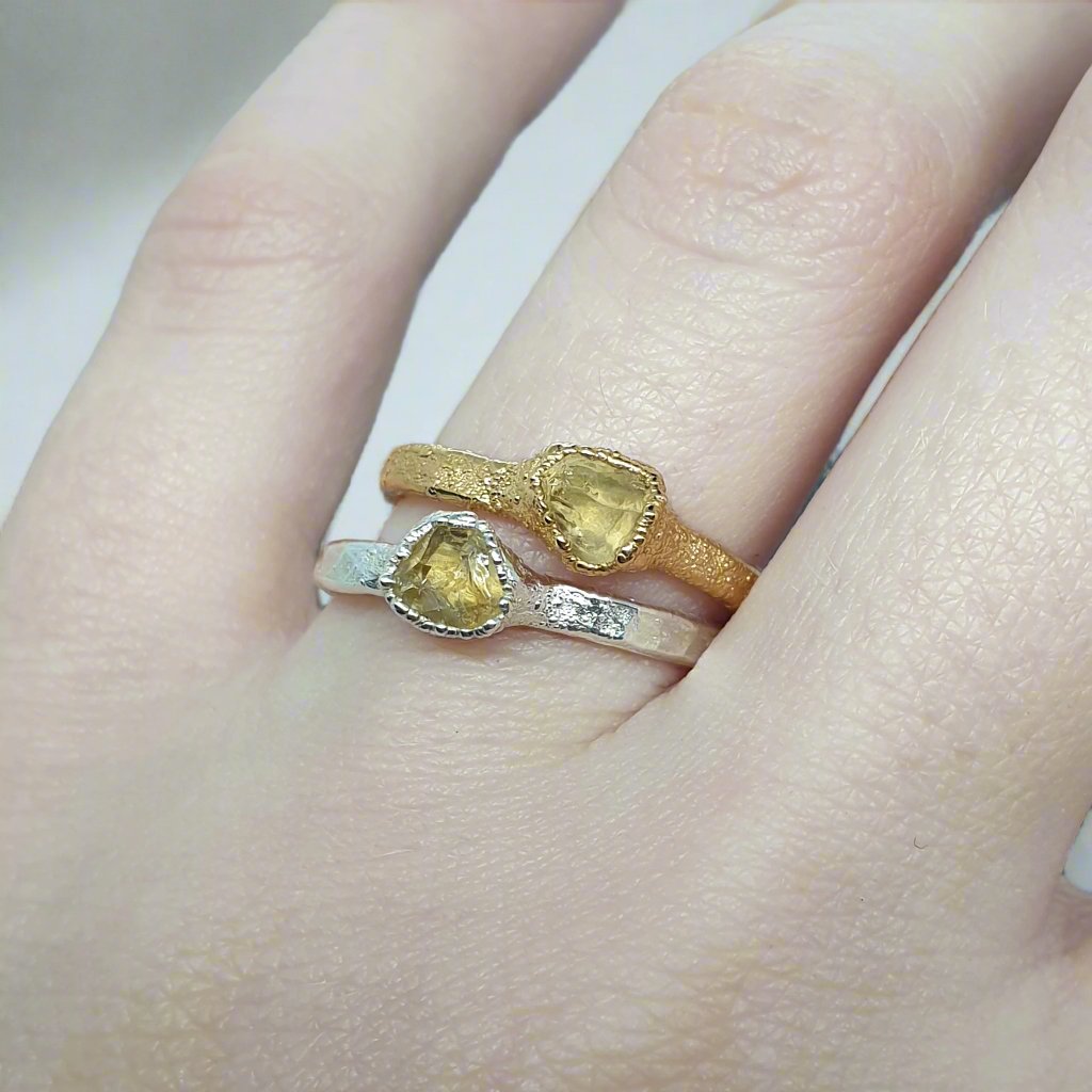 rough citrine silver and gold rings