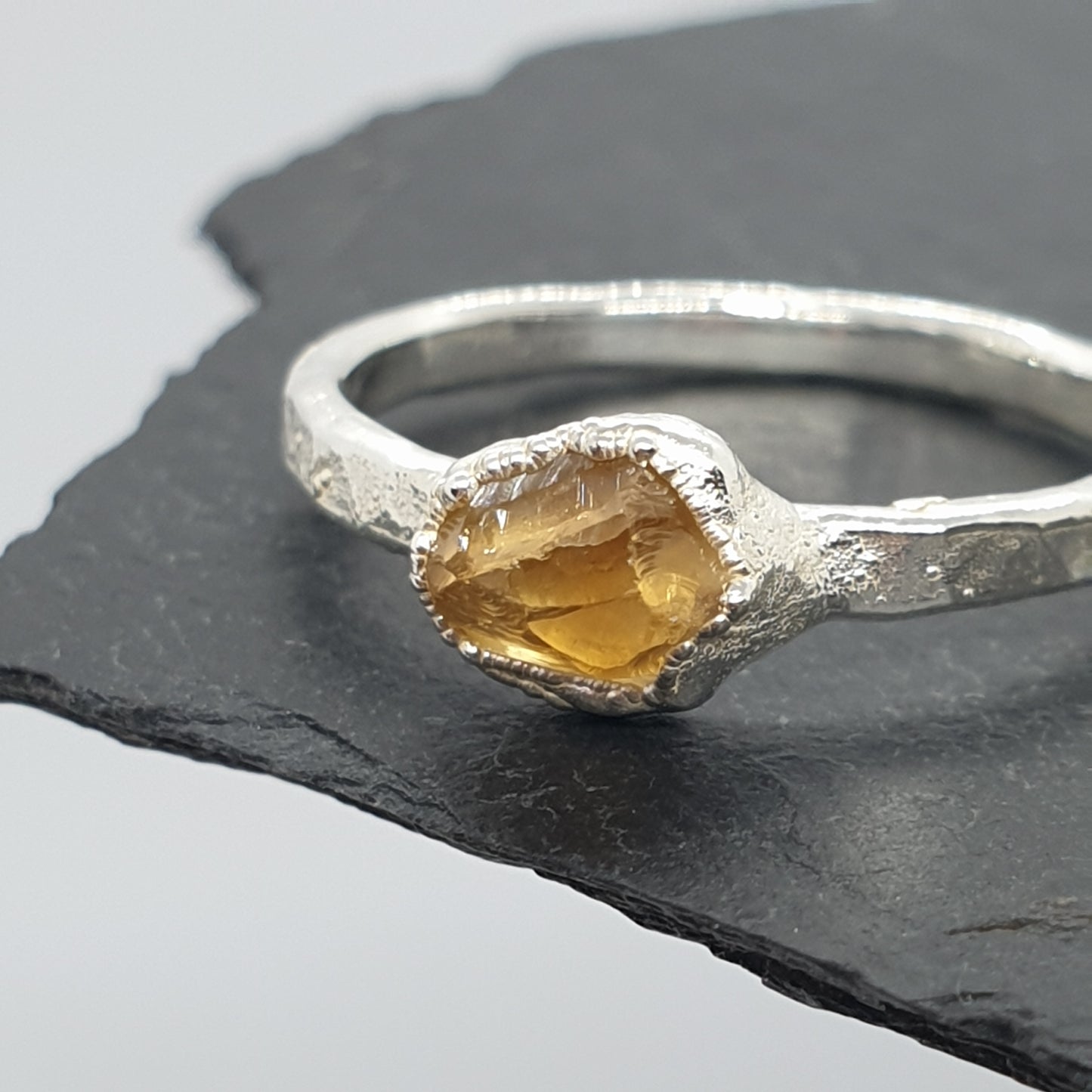 rough citrine sterling silver ring close up