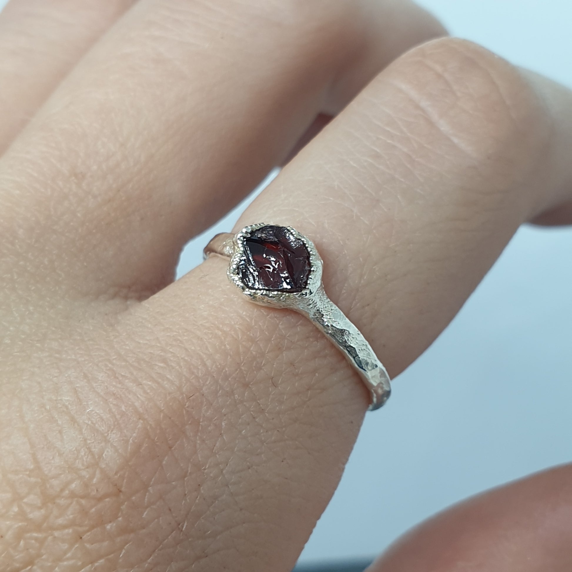 rough red garnet sterling silver ring handmade in the UK