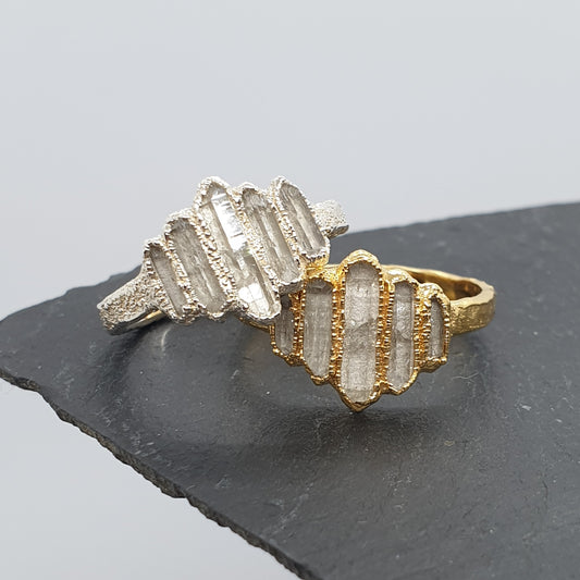 raw quartz point silver and gold rings