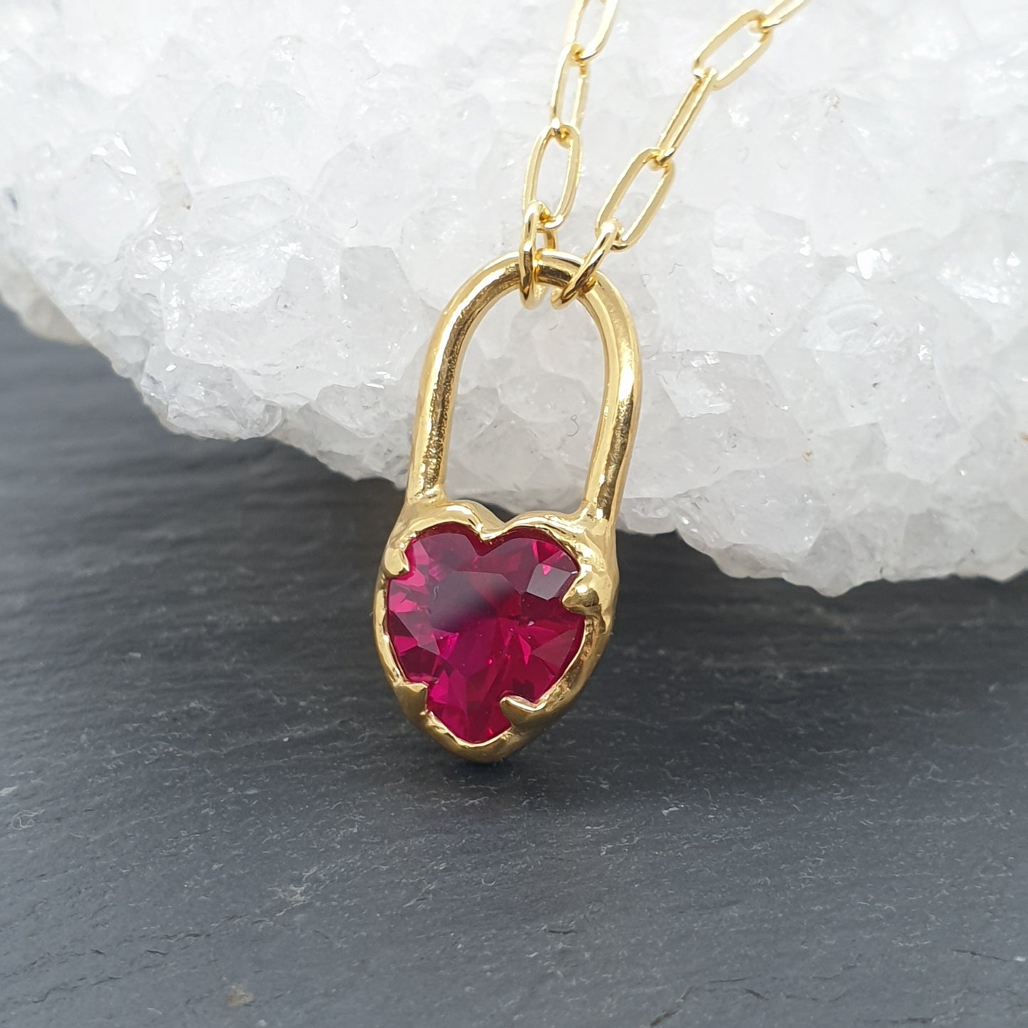 ruby heart lock gold plated sterling silver vermeil necklace