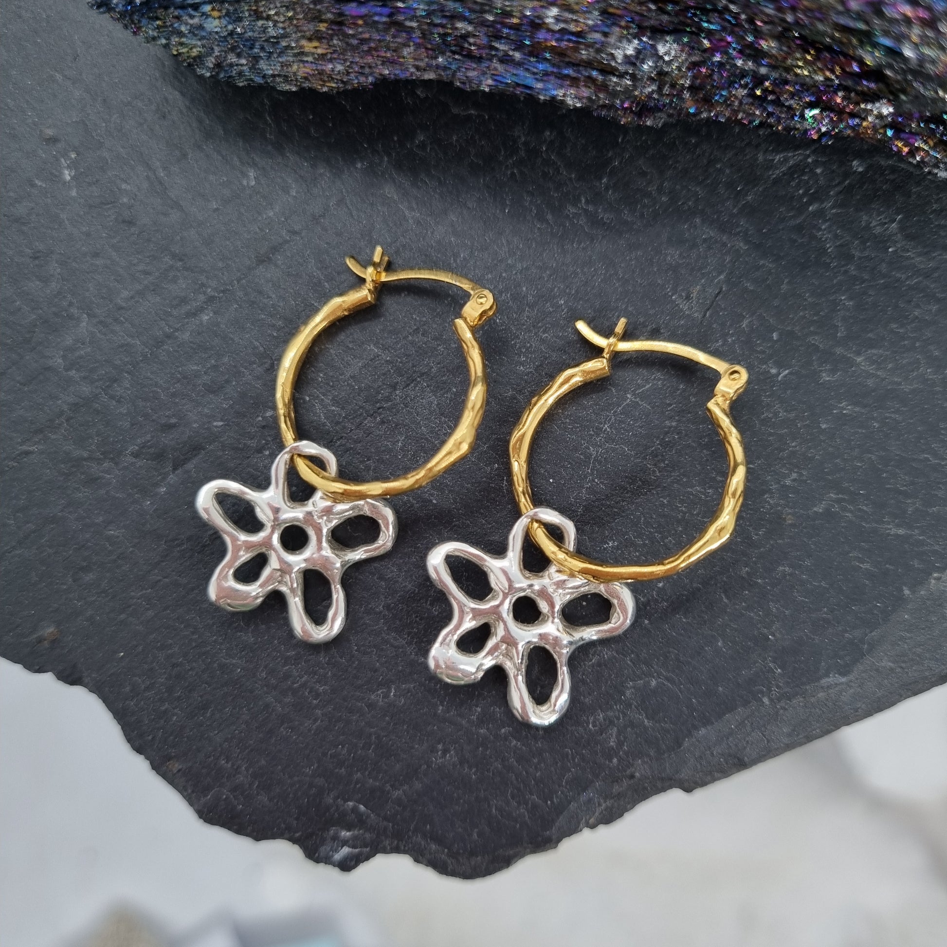 sterling silver flower and gold hoop earrings