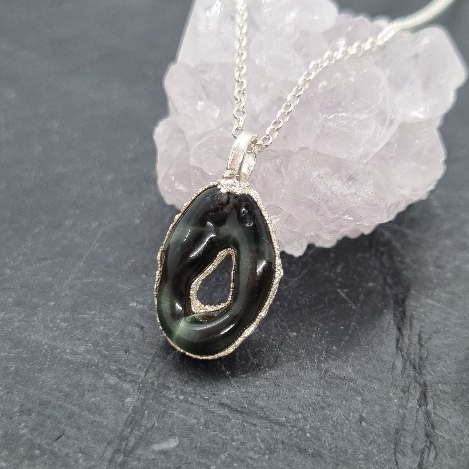 transparent black hoop glass and sterling silver necklace by Jo Cooper and SIECES GLASS