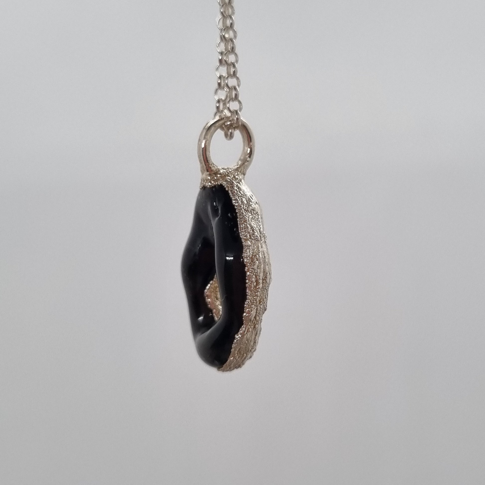 electroformed silver black glass necklace by Jo Cooper and SIECES GLASS