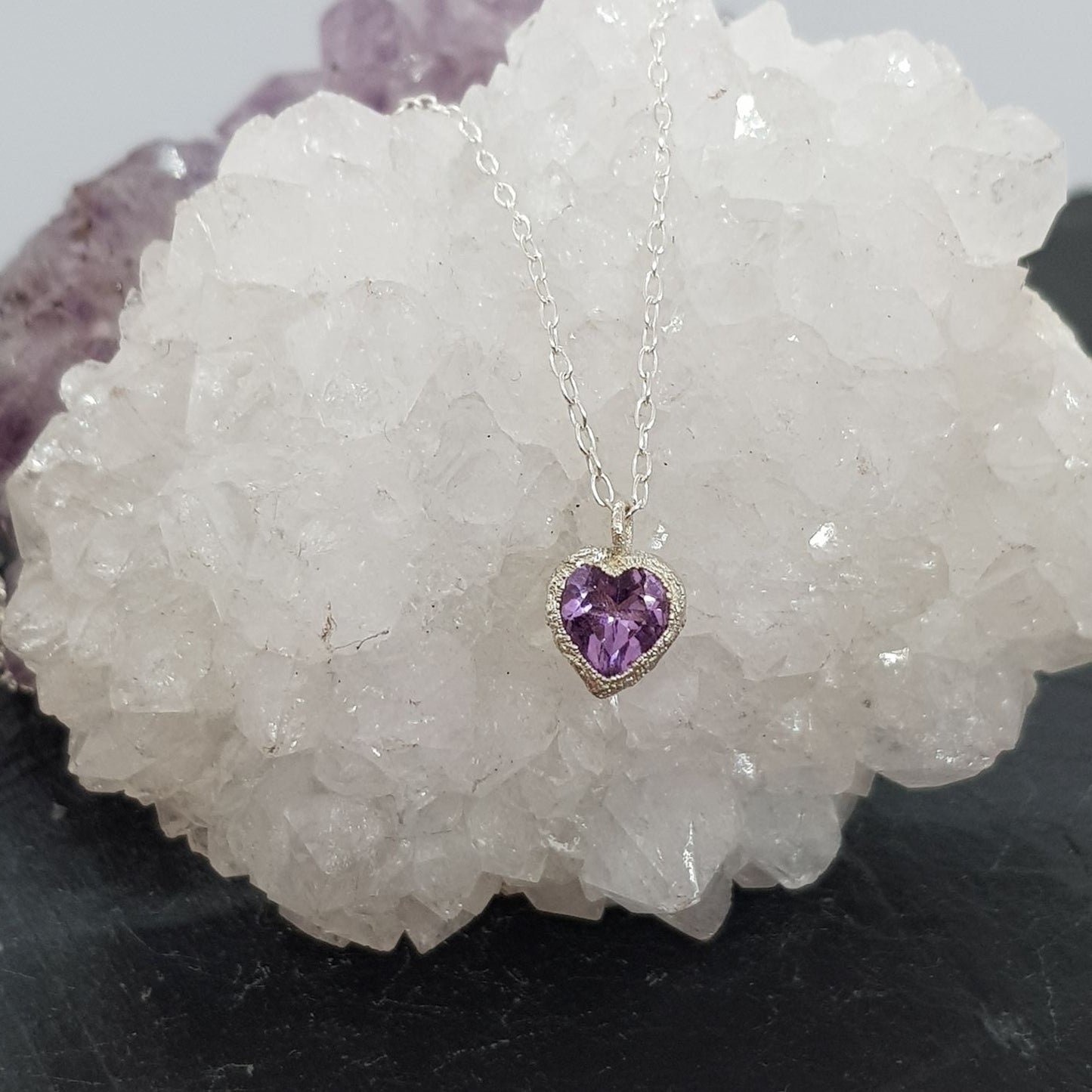 amethyst organic shape heart silver pendant