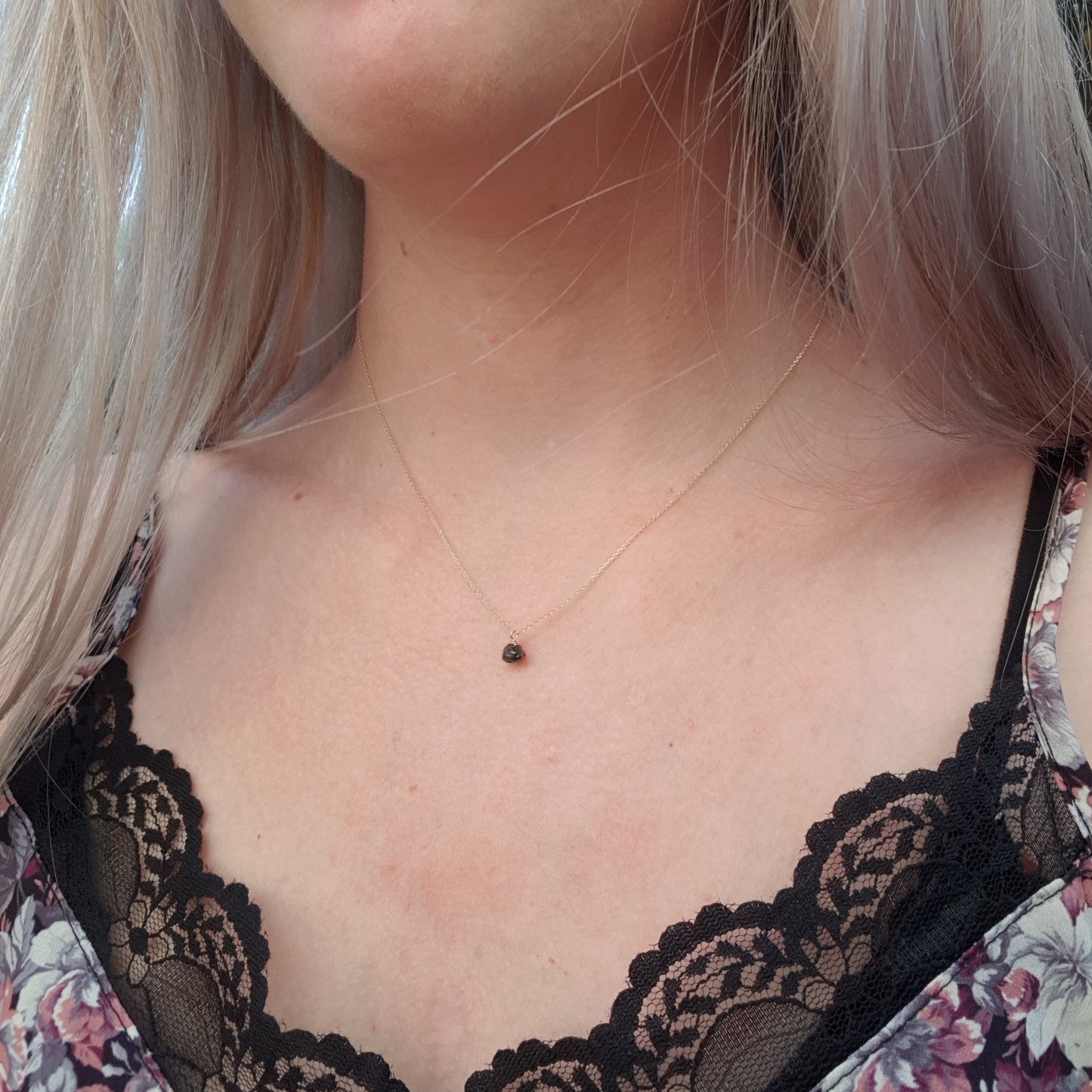 raw black diamond on 9ct yellow gold chain on model