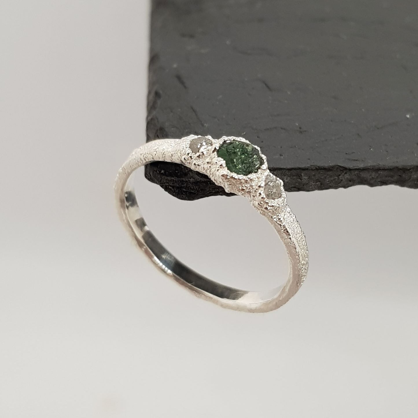 raw emerald and diamond silver ring