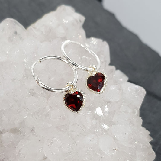 Garnet Heart Sterling Silver Hoop Earrings