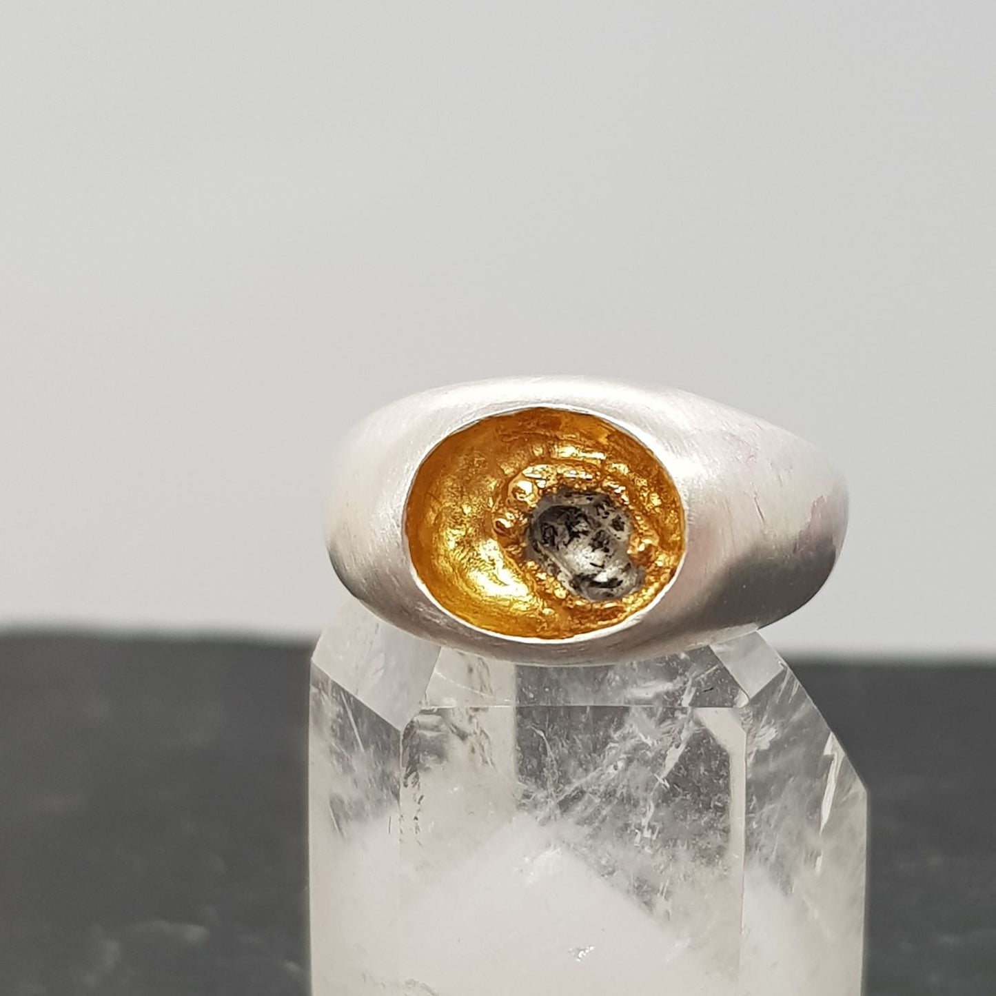 sterling silver sunken signet ring with raw Herkimer Diamond