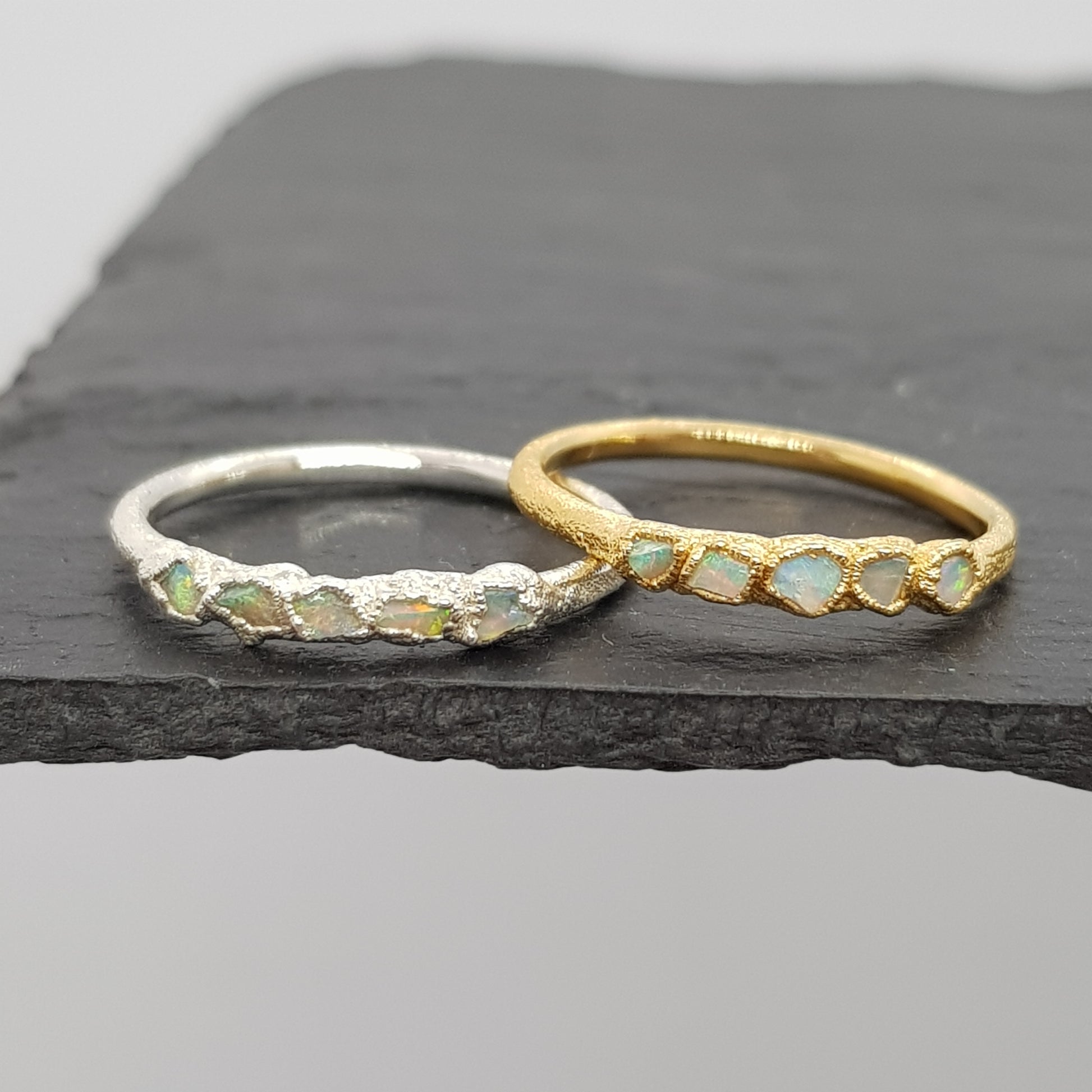 multi raw opal ring in silver and gold