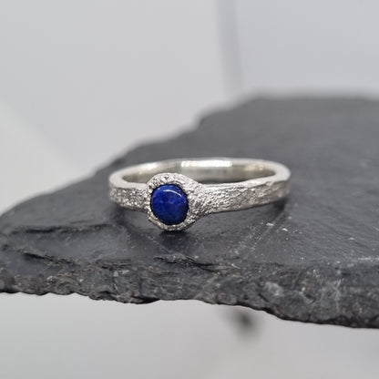recycled sterling silver textured ring with lapis lazuli handmade by Jo Cooper