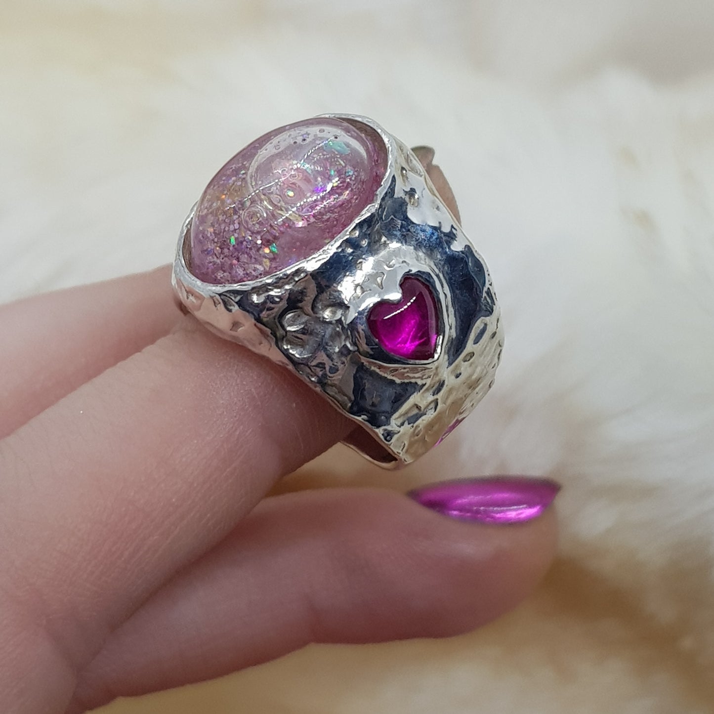 bubble glitter ring sterling silver and ruby hearts