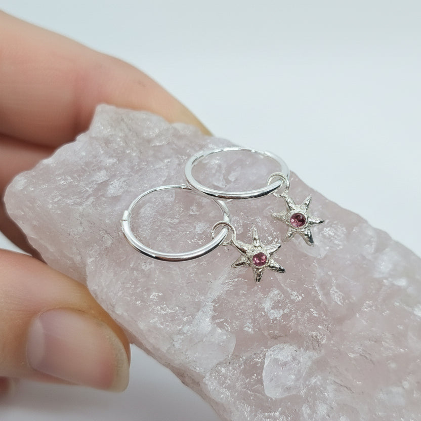 Tiny Molten Star Pink Tourmaline Hoop Earrings