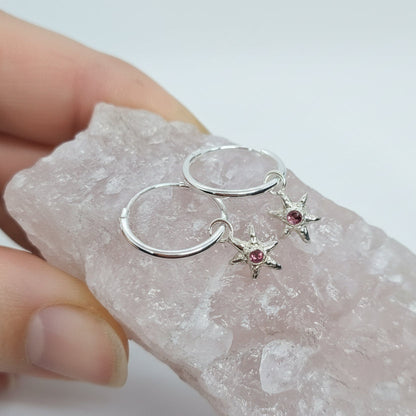Tiny Molten Star Pink Tourmaline Hoop Earrings