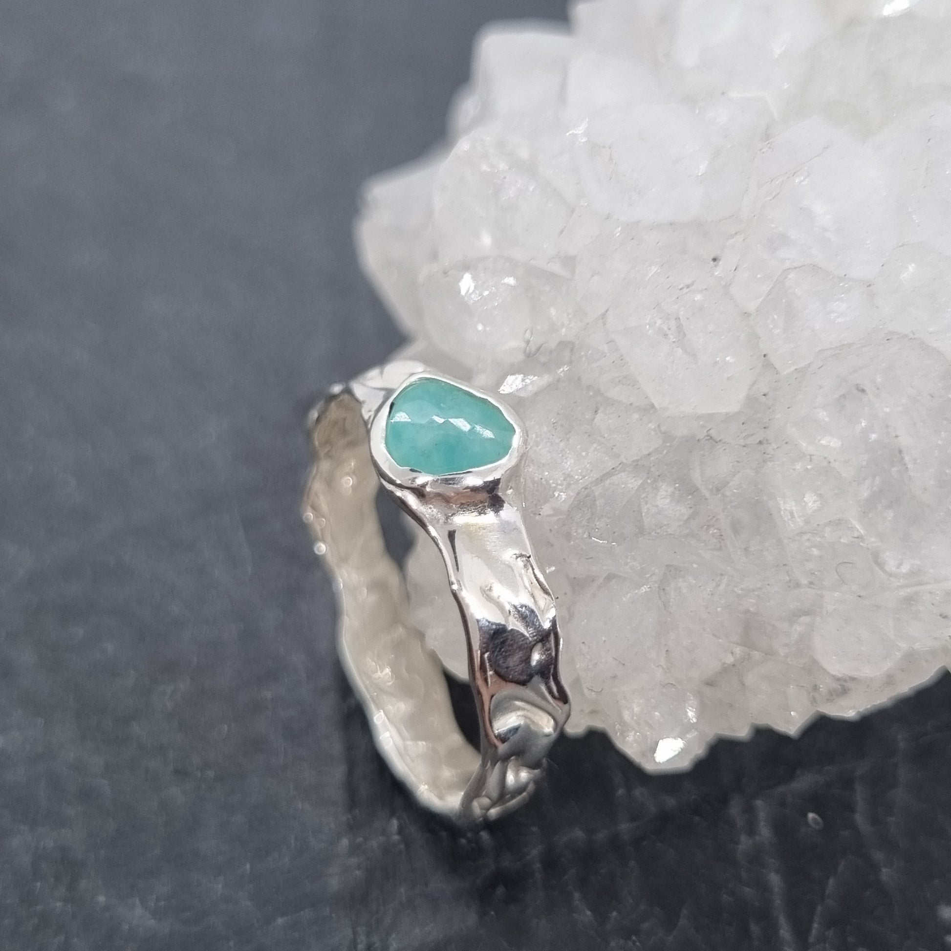 sterling silver handmade ring with a rose cut faceted freeform amazonite