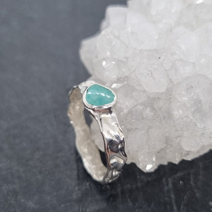 sterling silver handmade ring with a rose cut faceted freeform amazonite