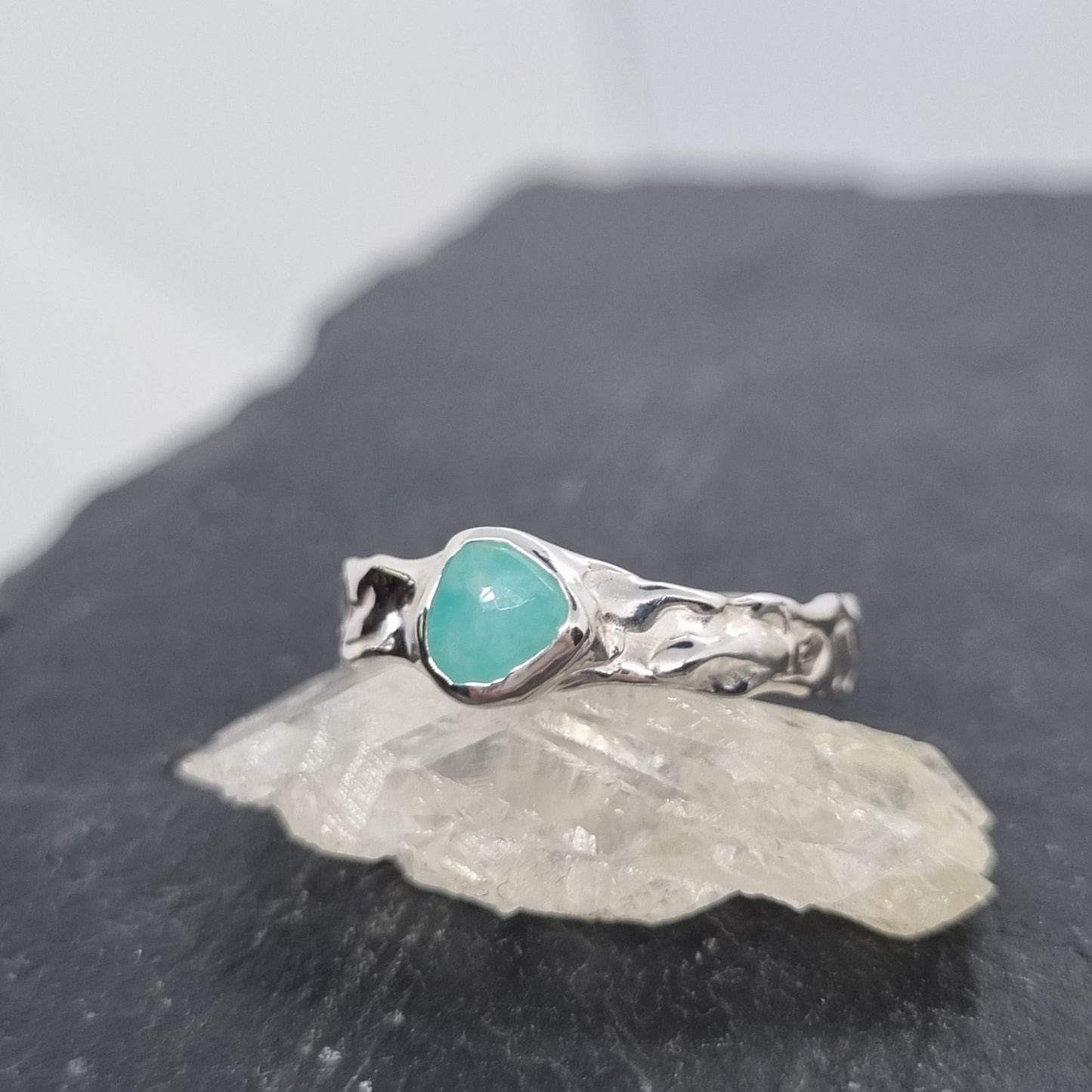 a freeform rose cut amazonite set in molten textured recycled sterling silver ring by Jo Cooper