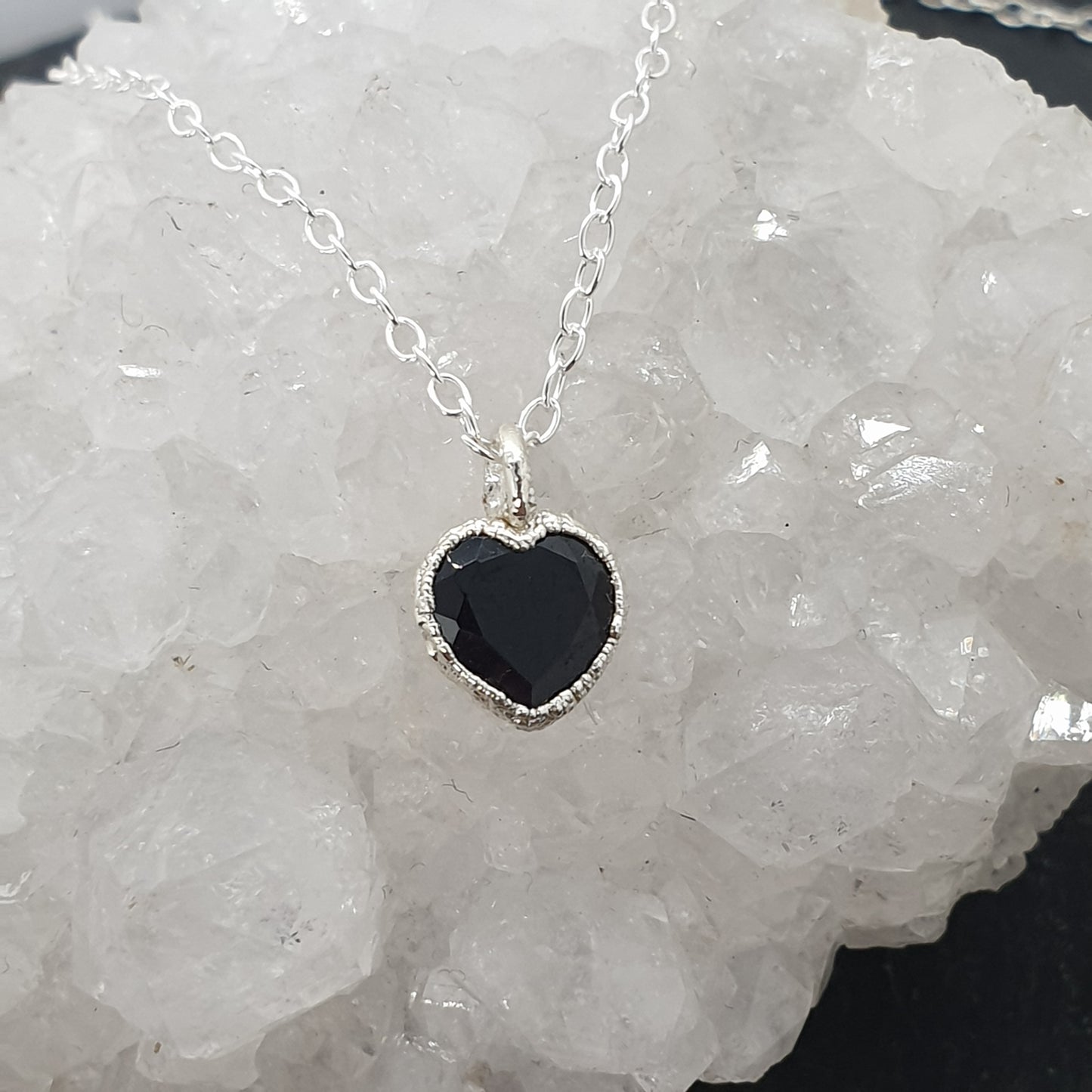 black gemstone heart sterling silver necklace handmade by Jo Cooper