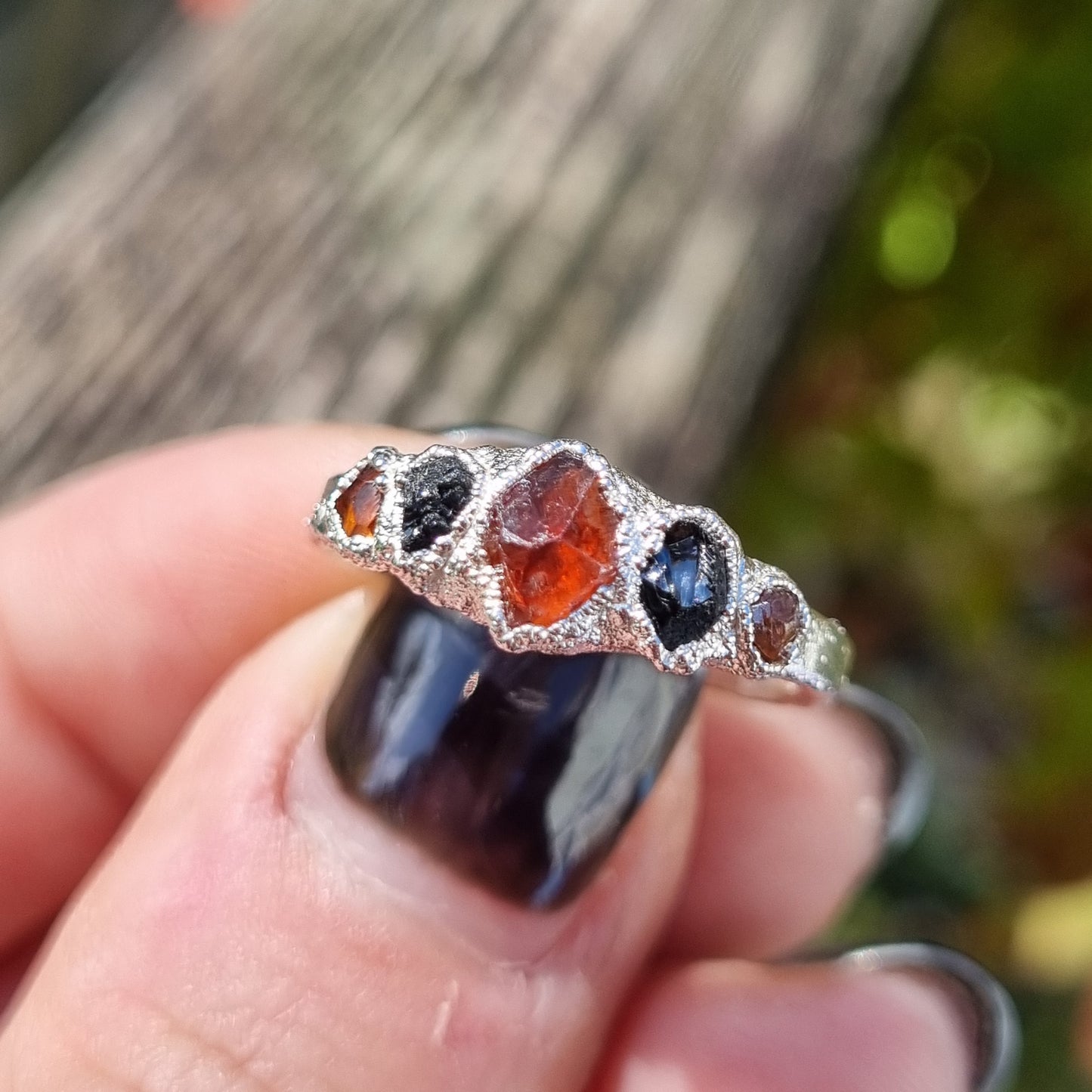 Multi Raw Black Tourmaline and Spessartite Garnet Crystal Ring *Autumn Limited Edition Collection*