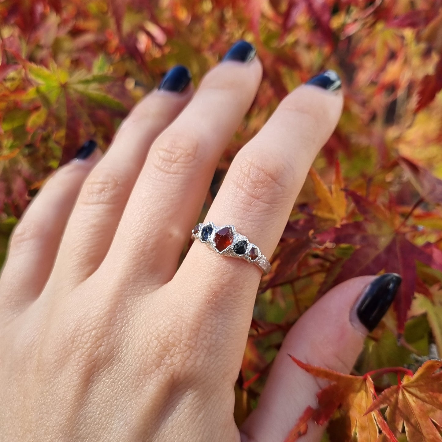 Multi Raw Black Tourmaline and Spessartite Garnet Crystal Ring *Autumn Limited Edition Collection*
