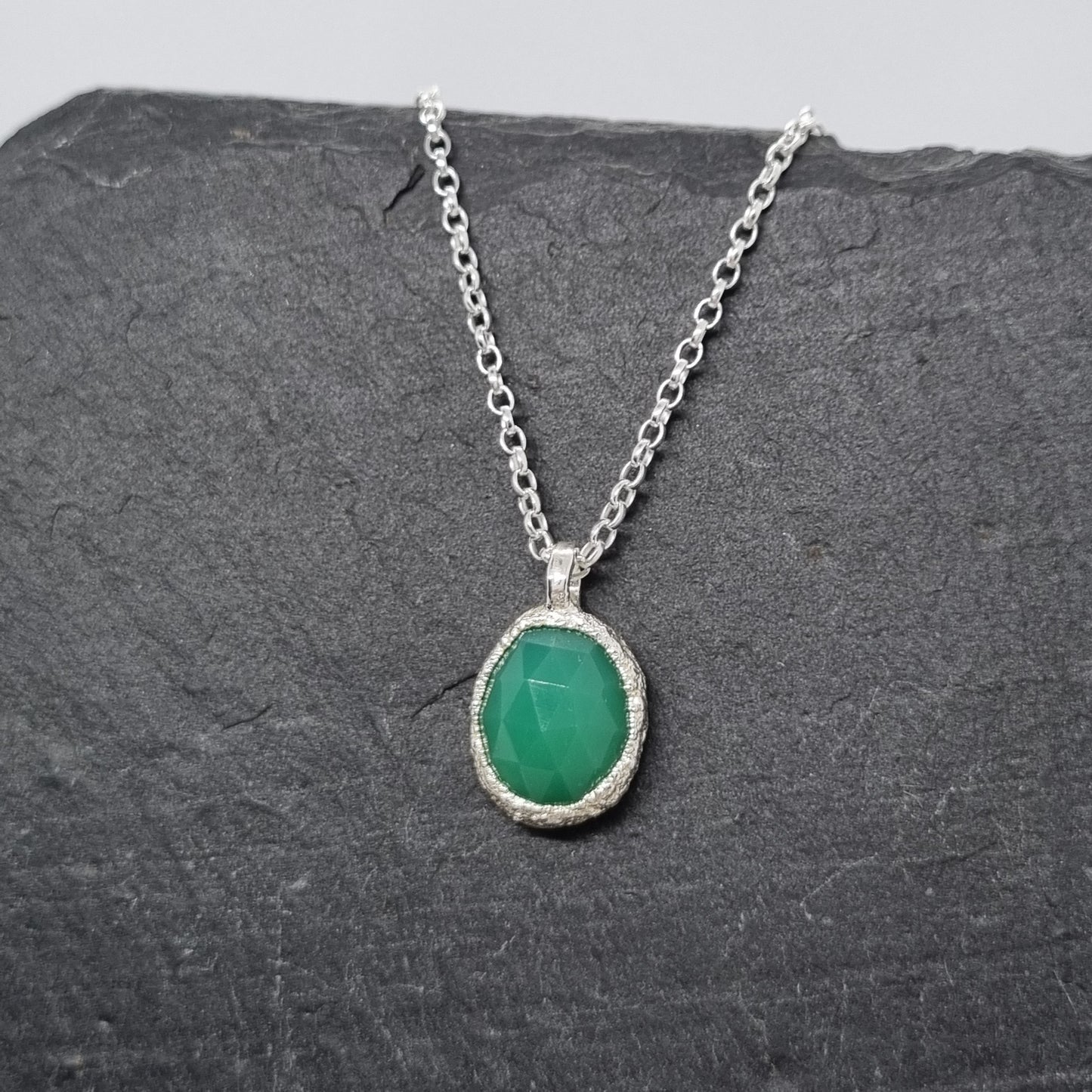 Electroformed Silver Freeform green Gemstone necklace handmade by Jo Cooper Jewellery