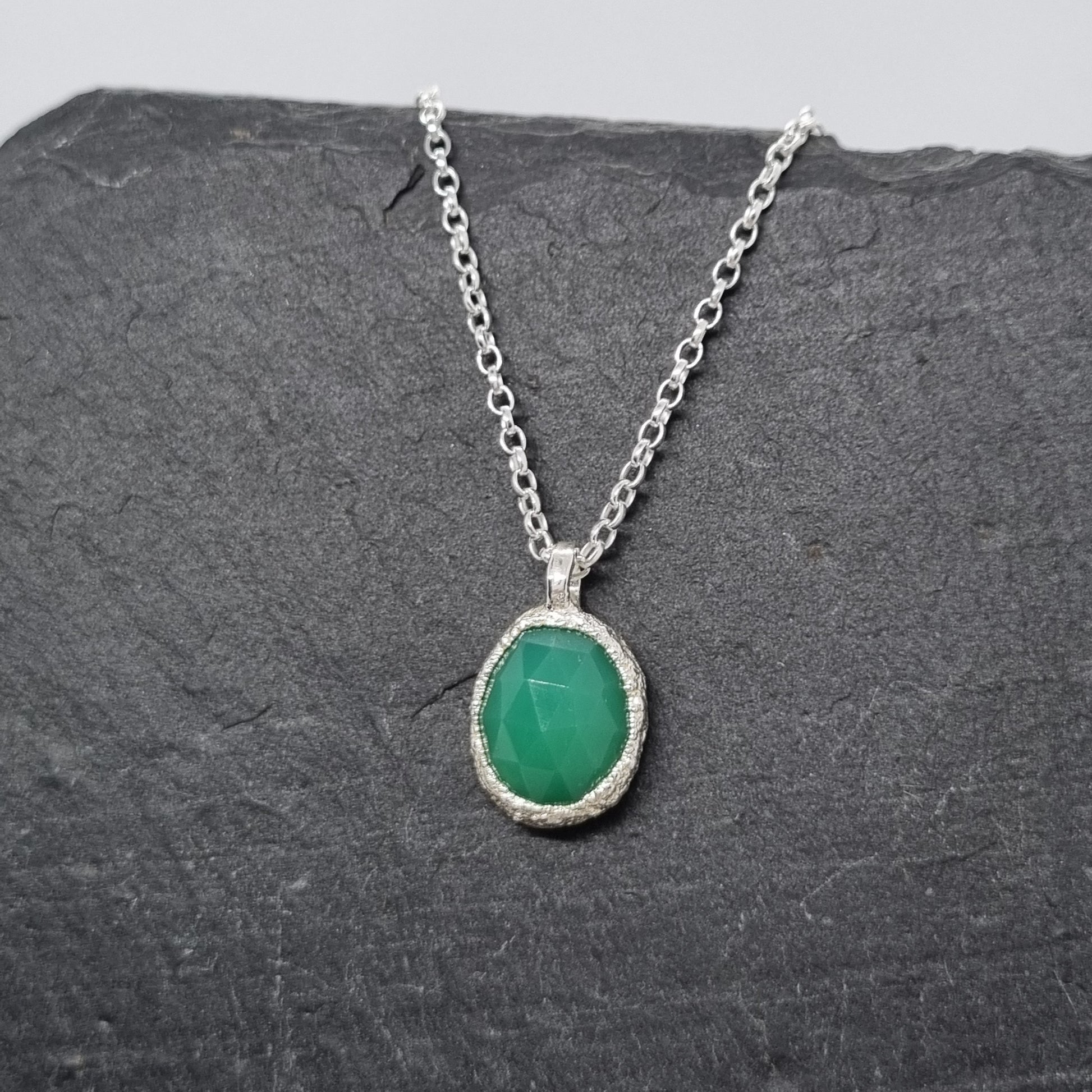 Electroformed Silver Freeform green Gemstone necklace handmade by Jo Cooper Jewellery