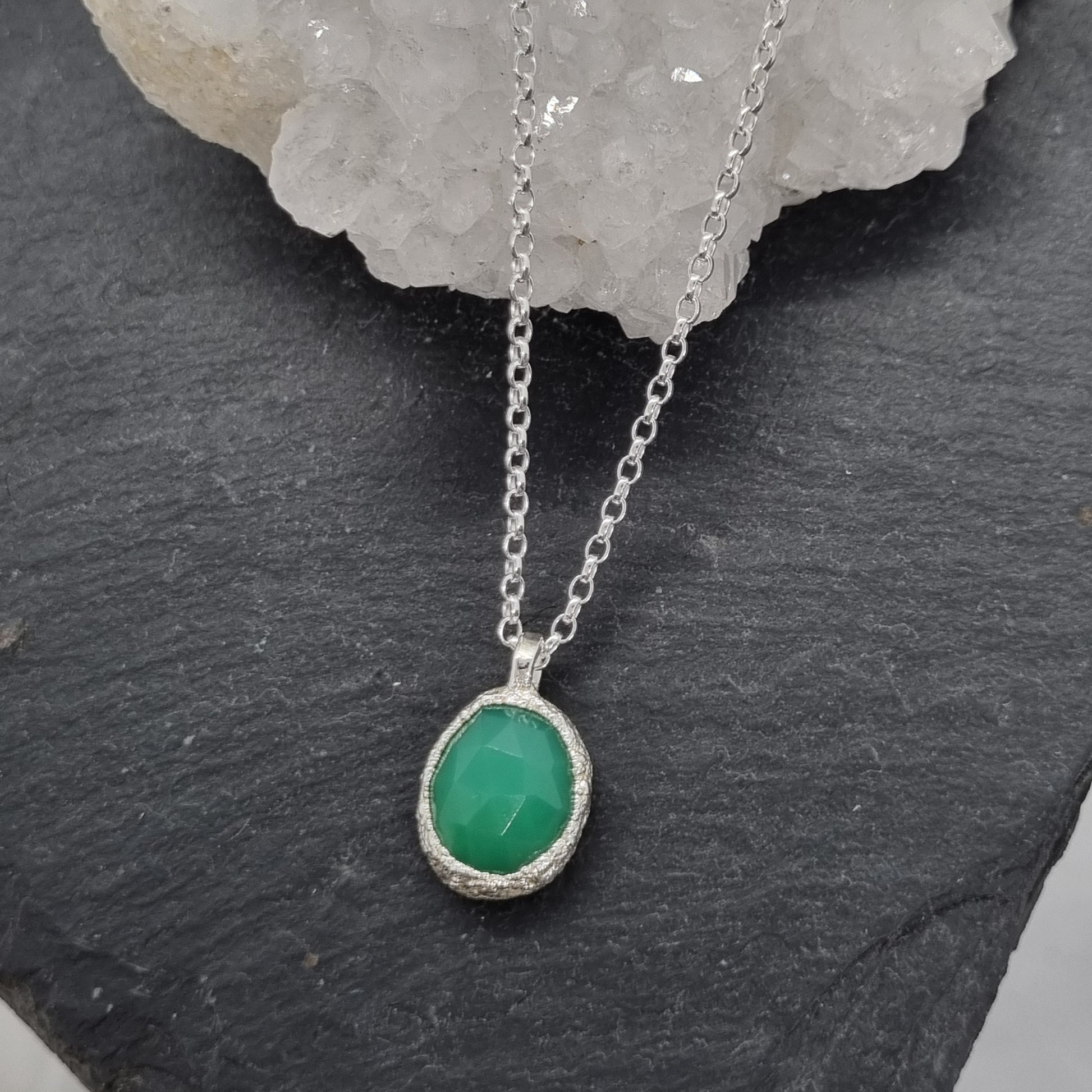 Textured Rustic Sterling Silver Rose Cut Chrysoprase necklace handmade by Jo Cooper Jewellery
