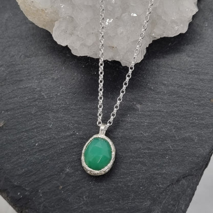 Textured Rustic Sterling Silver Rose Cut Chrysoprase necklace handmade by Jo Cooper Jewellery