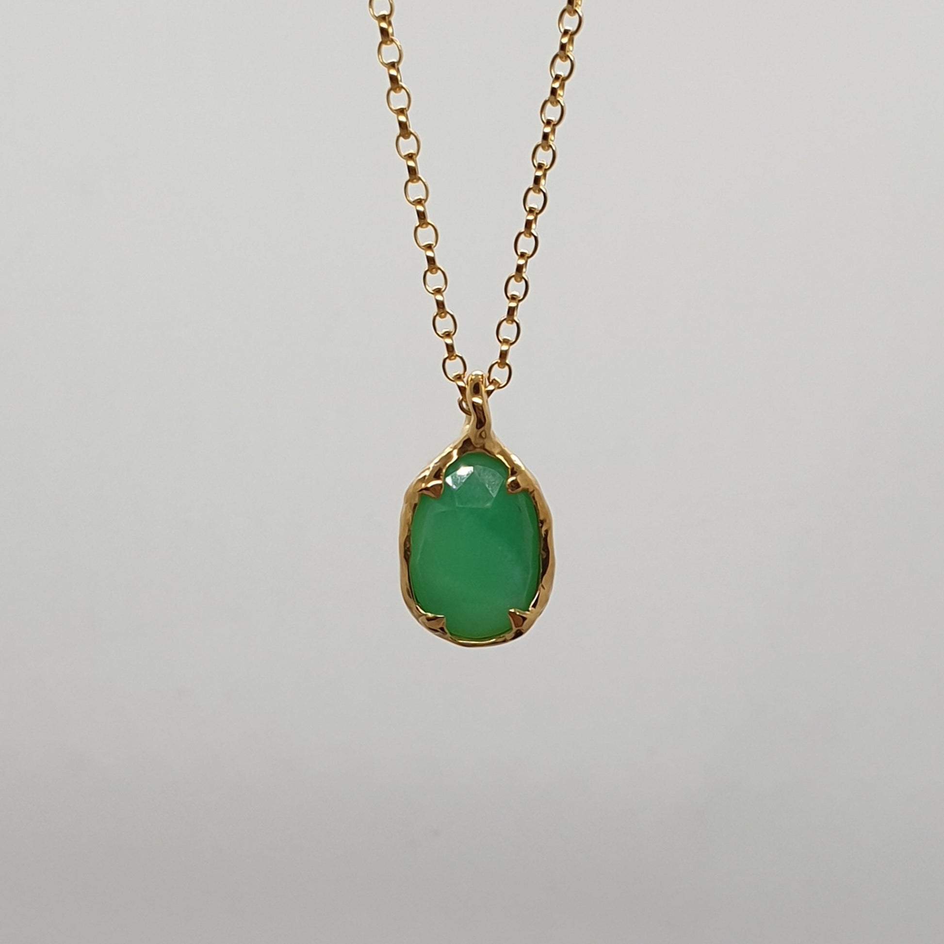 freeform rose cut chrysoprase gold necklace handmade in the UK by Jo Cooper