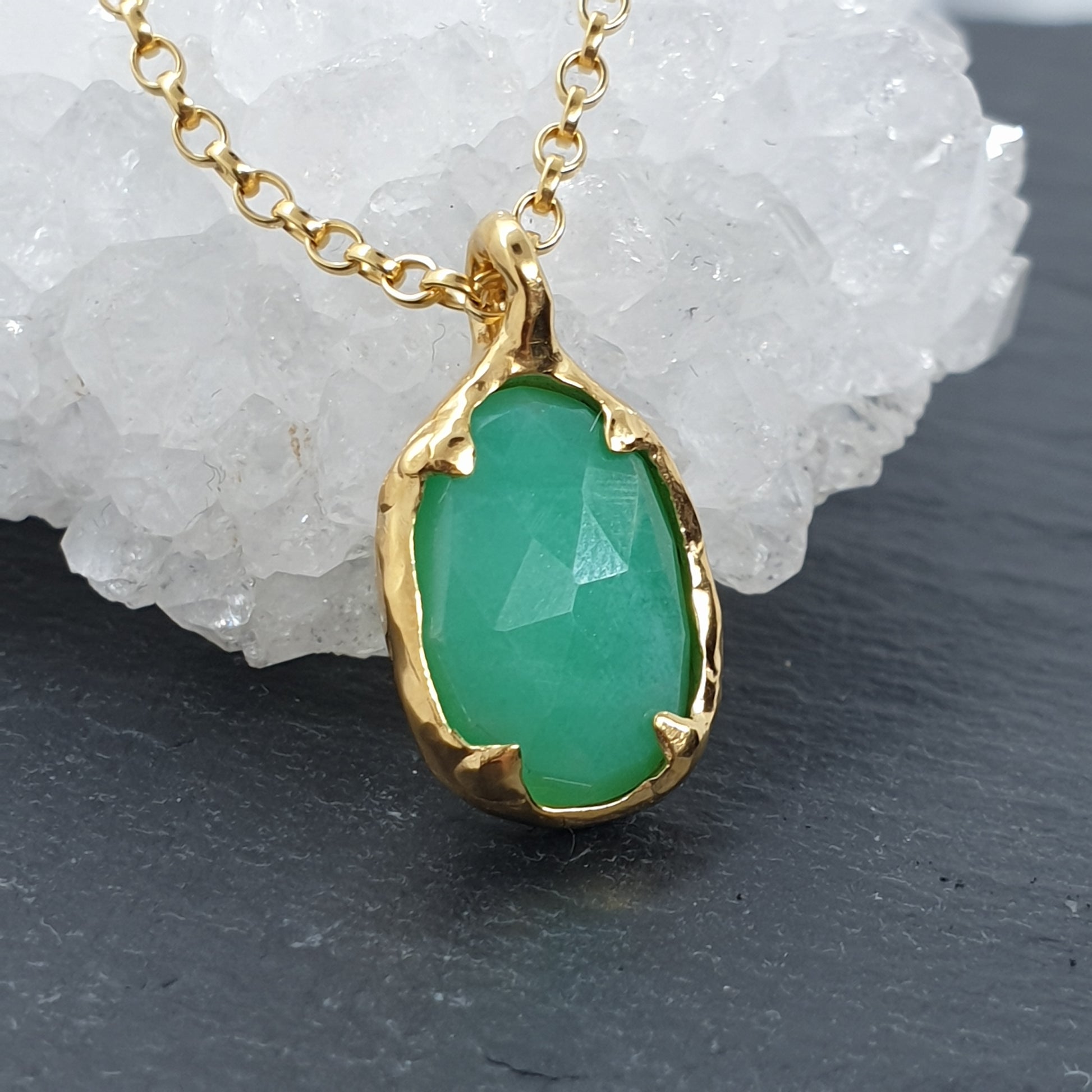 freeform rose cut chrysoprase gold necklace