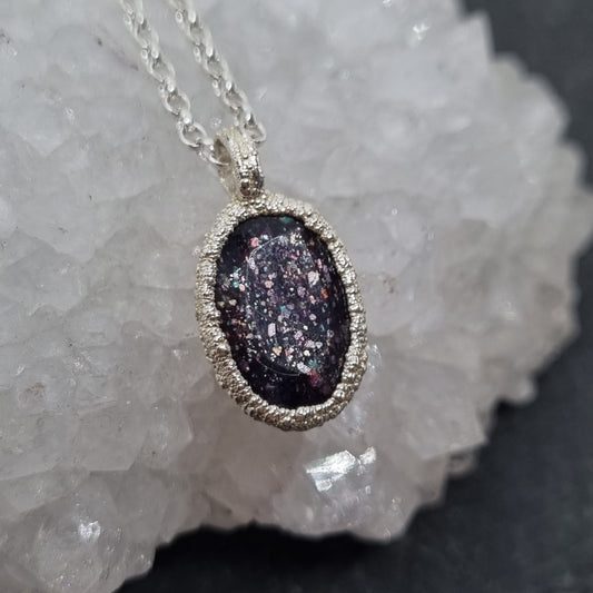 confetti iolite sunstone rustic pebble pendant necklace made from fine and sterling silver. Handmade by Jo Cooper Jewellery