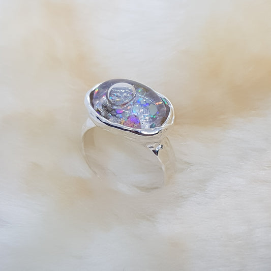 holographic glitter shaker sterling silver ring