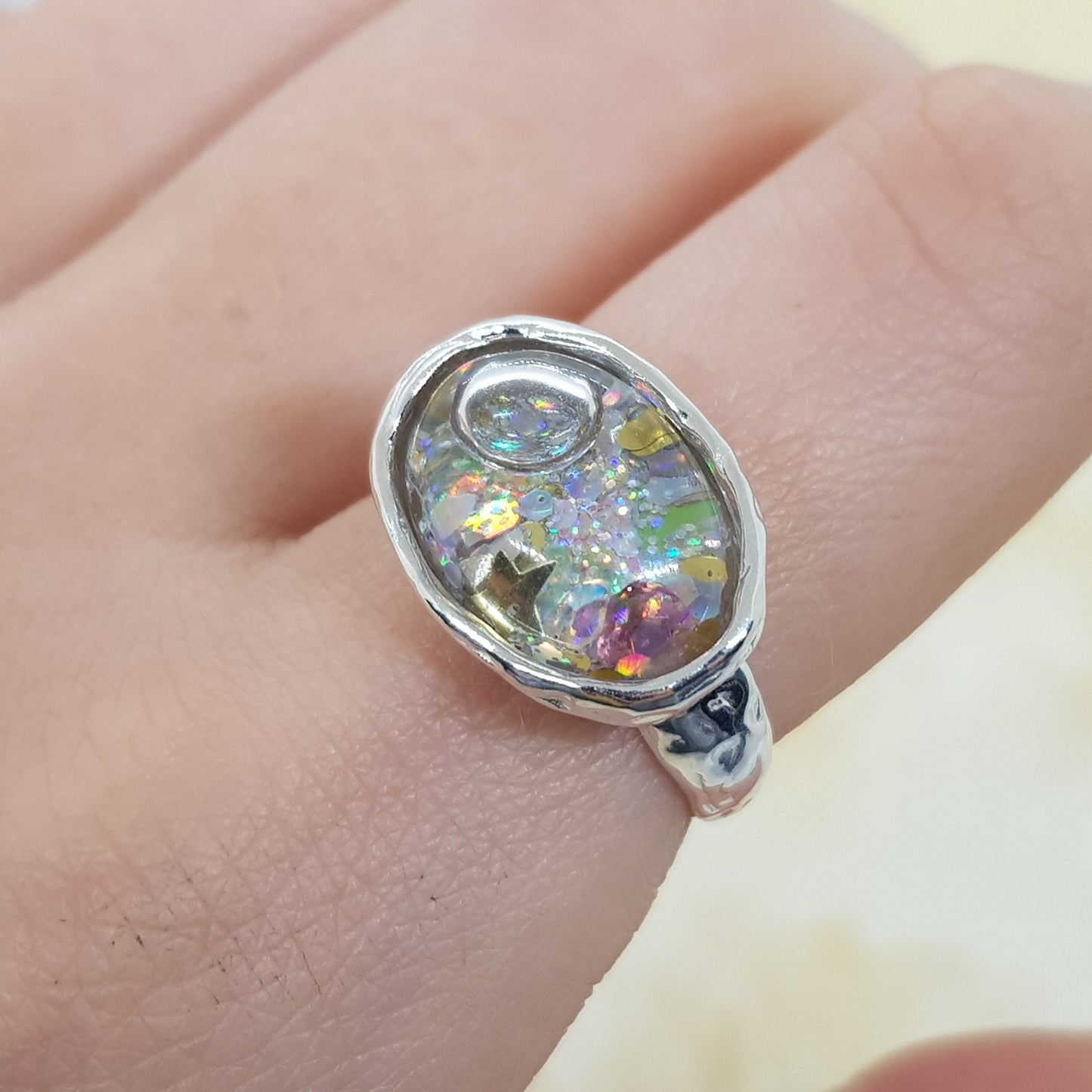glitter bubble sterling silver ring with stars